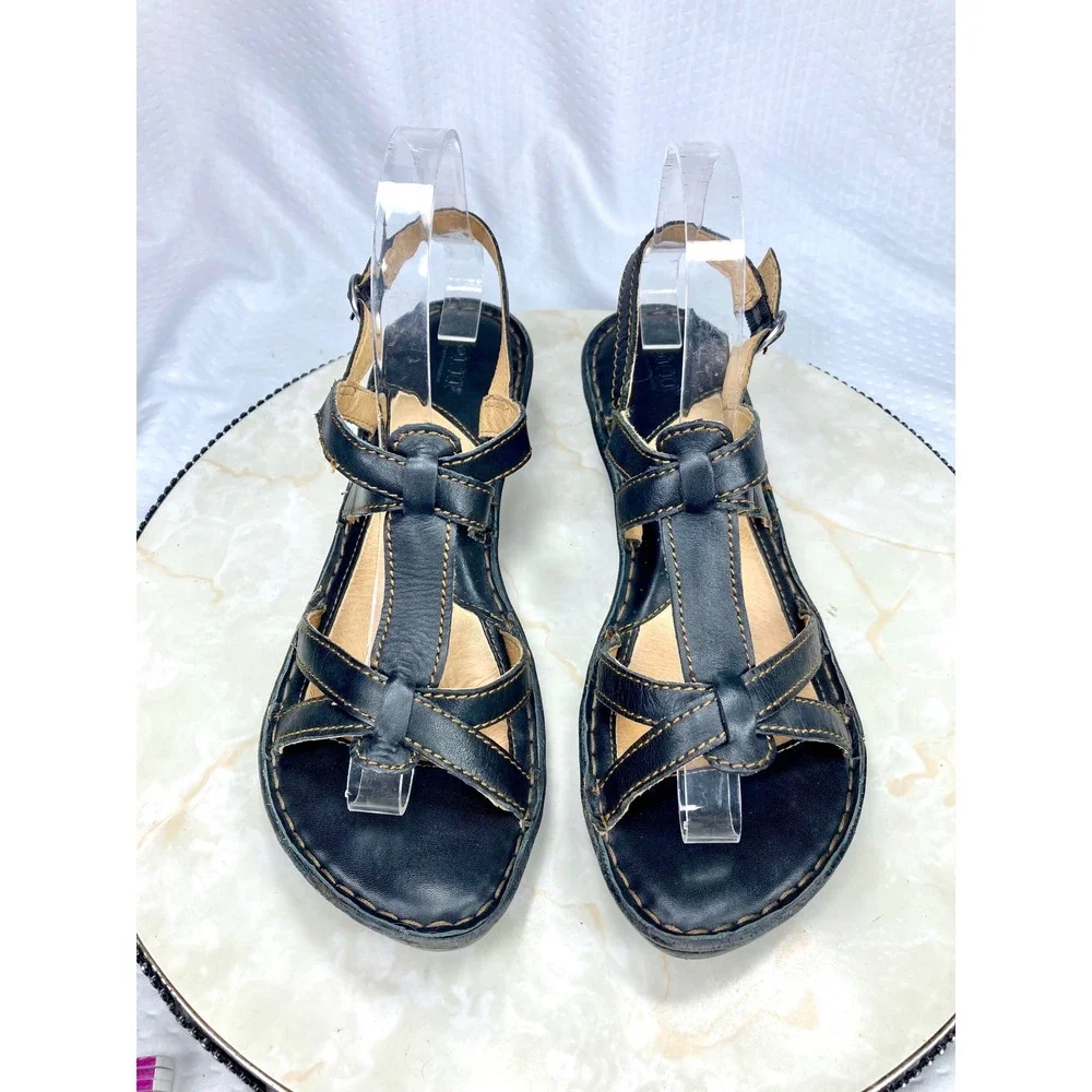 Born Leather Strappy Wedge Sandals Womens 8 Black Slingback Summer Comfort Heel